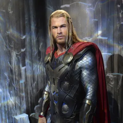 Thor wax figure holding his hammer at Madame Tussauds Blackpool