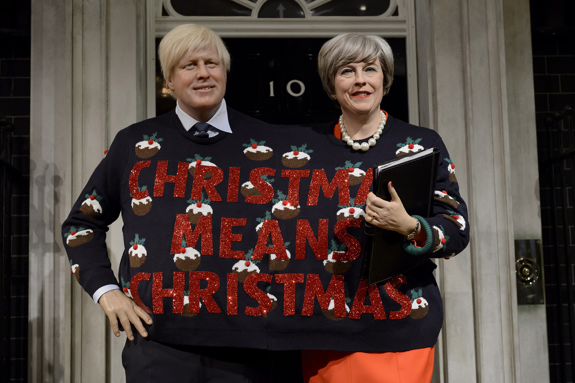 Boris Johnson Theresa May's figures in Christmas Jumper