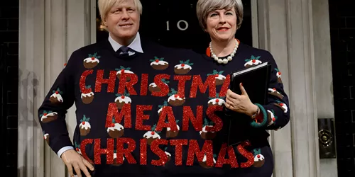 Boris Johnson Theresa May's figures in Christmas Jumper