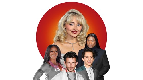 A digital collage for Madame Tussauds Hot 100 features Sabrina Carpenter at the center, depicted in full color with glamorous blonde curls and a sparkling necklace. Surrounding her are Sha’Carri Richardson, Jonathan Bailey, Marcello Hernández, and Law Roach, shown in black and white. The bold red-orange circle in the background creates a striking contrast, highlighting these notable personalities featured in Madame Tussauds' Hot 100 list.