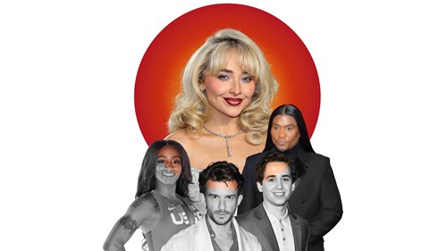 A digital collage for Madame Tussauds Hot 100 features Sabrina Carpenter at the center, depicted in full color with glamorous blonde curls and a sparkling necklace. Surrounding her are Sha’Carri Richardson, Jonathan Bailey, Marcello Hernández, and Law Roach, shown in black and white. The bold red-orange circle in the background creates a striking contrast, highlighting these notable personalities featured in Madame Tussauds' Hot 100 list.