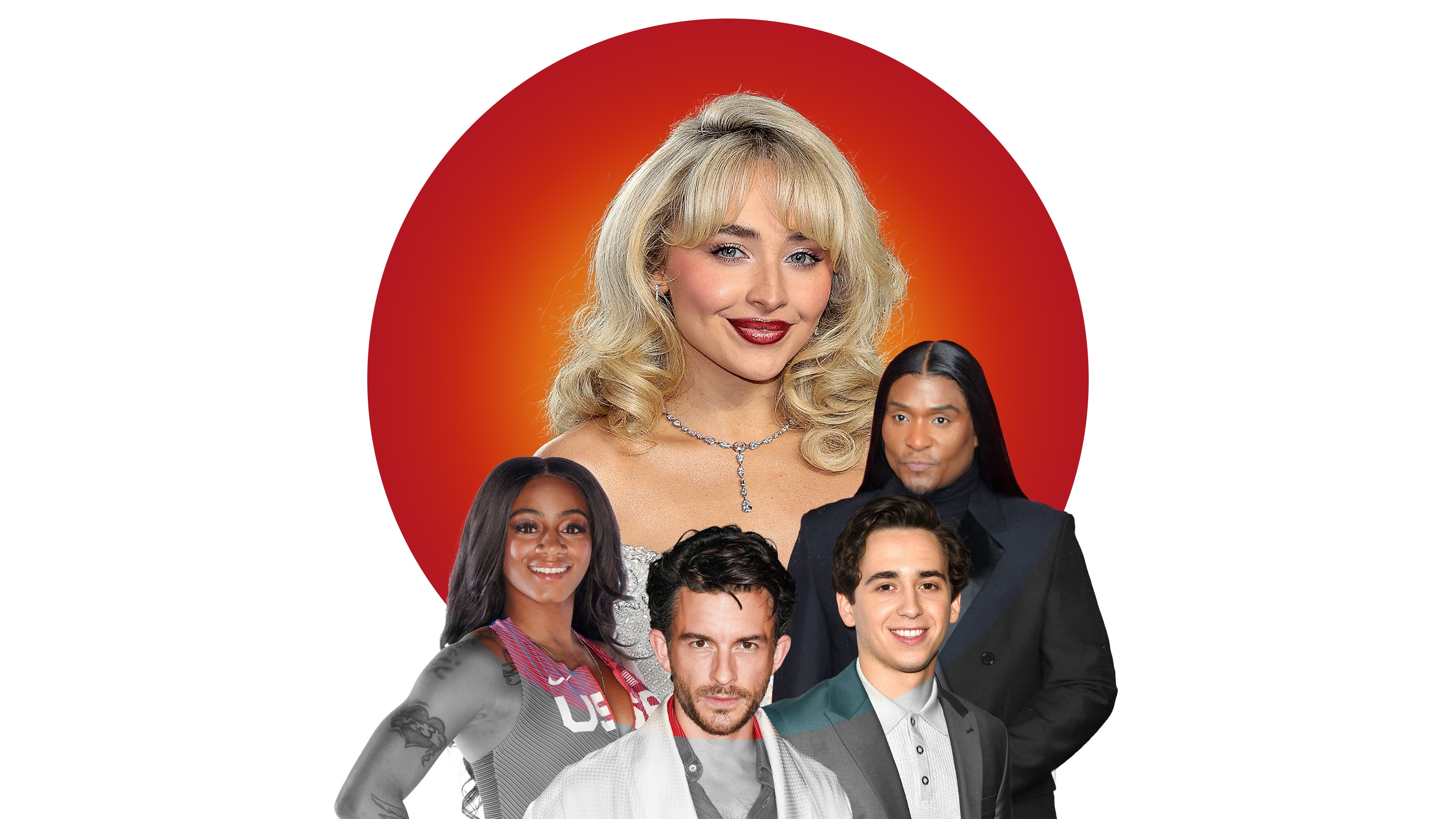 A digital collage for Madame Tussauds Hot 100 features Sabrina Carpenter at the center, depicted in full color with glamorous blonde curls and a sparkling necklace. Surrounding her are Sha’Carri Richardson, Jonathan Bailey, Marcello Hernández, and Law Roach, shown in black and white. The bold red-orange circle in the background creates a striking contrast, highlighting these notable personalities featured in Madame Tussauds' Hot 100 list.