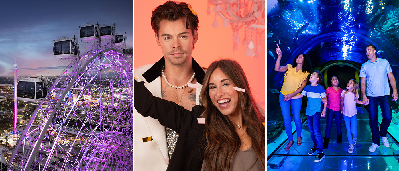 A collage featuring three distinct attractions. On the left, The Orlando Eye observation wheel is illuminated with purple lights against the evening sky. In the center, two visitors pose with a wax figure of a celebrity, with confetti in the air, at Madame Tussauds. On the right, a mother and three children walk through an underwater tunnel at SEA LIFE Aquarium, gazing up at sharks swimming overhead. The image showcases a variety of fun and engaging experiences in Orlando.