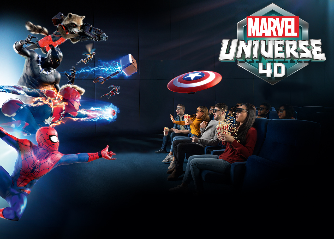 1 out of 5 experiences in Madame Tussauds Singapore. Family and friends in a 4D cinema theatre watching Marvel Universe 4D show.