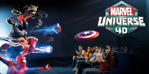 1 out of 5 experiences in Madame Tussauds Singapore. Family and friends in a 4D cinema theatre watching Marvel Universe 4D show.
